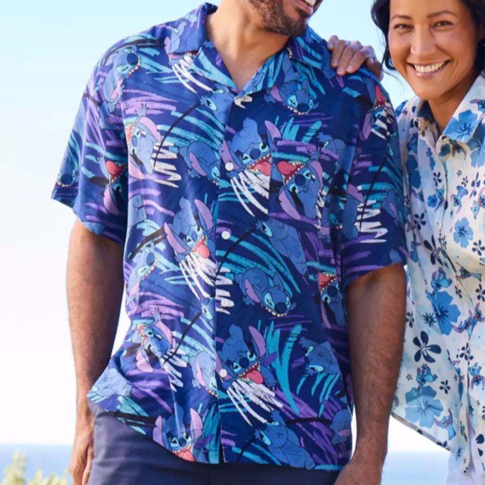 Disney Parks Lilo & Stitch Blue Hawaiian Button Up Woven Camp Shirt Sz Large